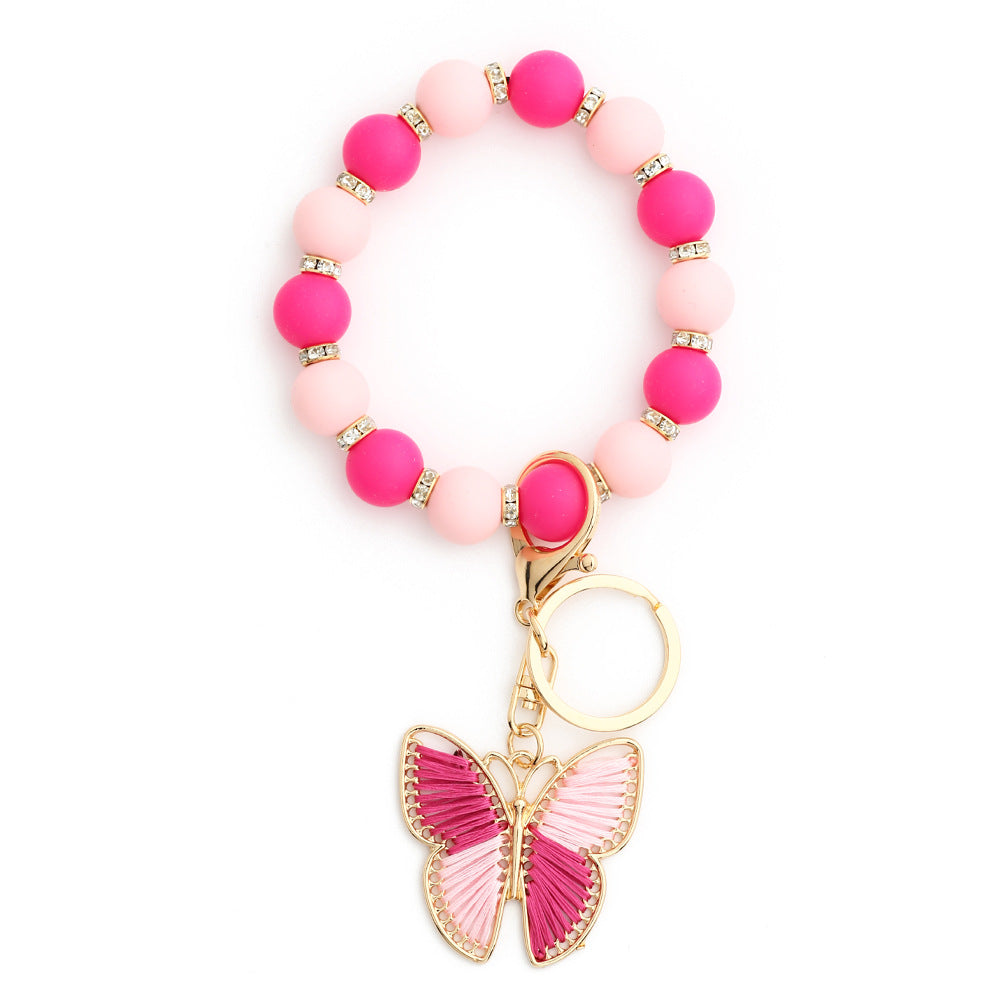 Butterfly Charm Beaded Wristlet Keychain - Pink