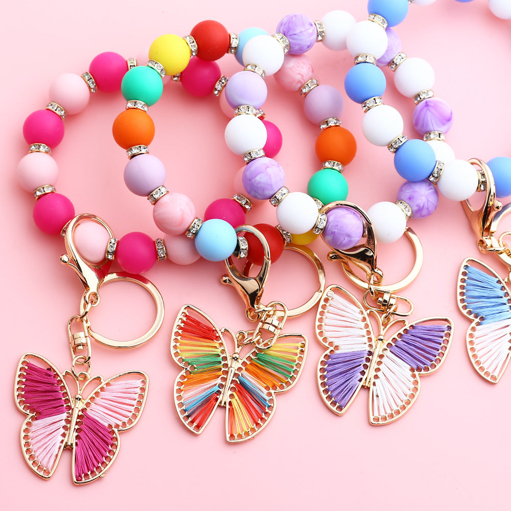 Butterfly Charm Beaded Wristlet Keychain - Purple