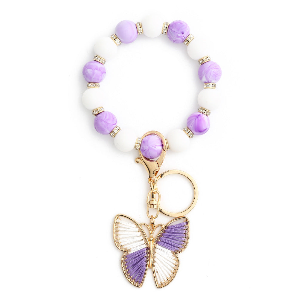 Butterfly Charm Beaded Wristlet Keychain - Purple - 1