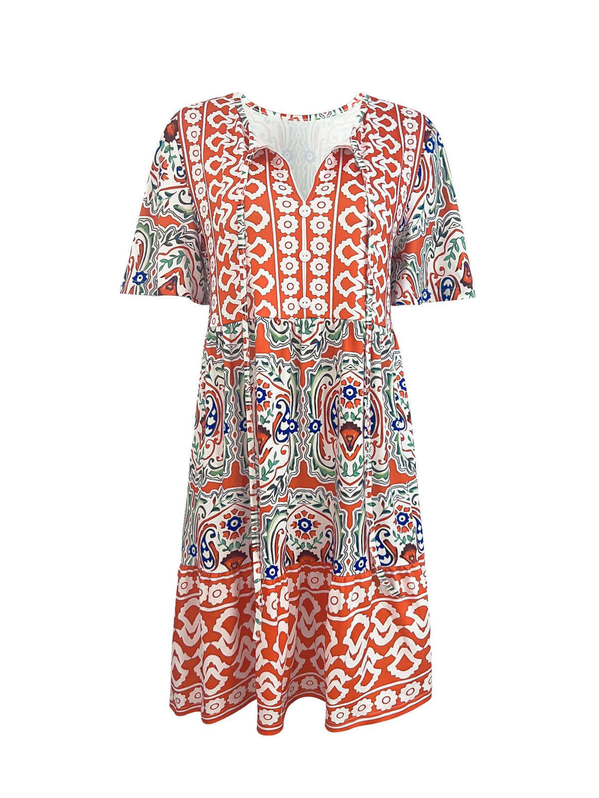 Boho Medallion Print Tiered Mini Dress - Orange