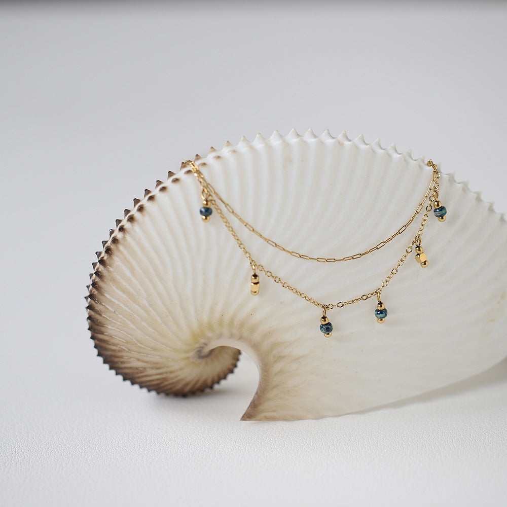 Layered Chain Necklace With Bead Charms - Gold - 1