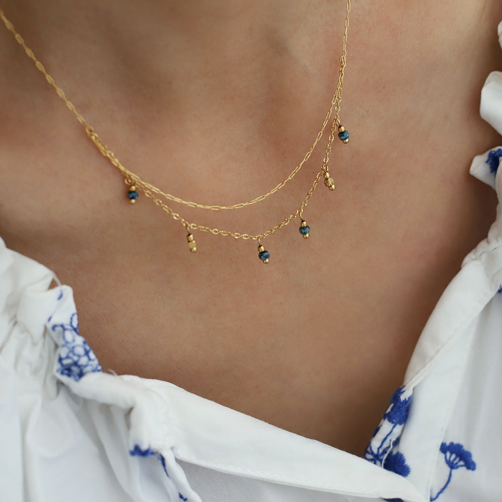 Layered Chain Necklace With Bead Charms - Gold - 5