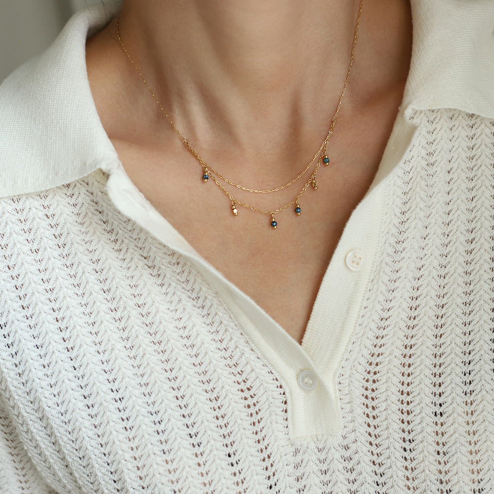 Layered Chain Necklace With Bead Charms - Gold - 8