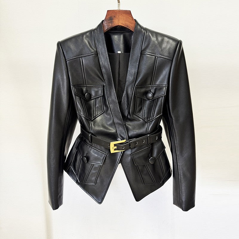 Black Faux Leather Belted Flap Pocket Jacket - Black