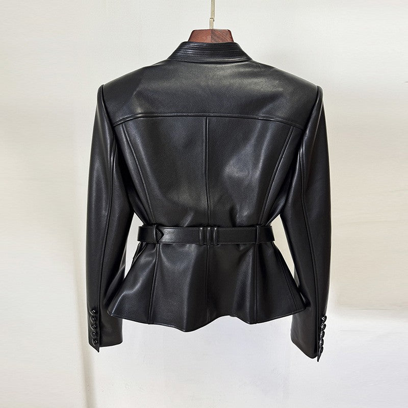 Black Faux Leather Belted Flap Pocket Jacket