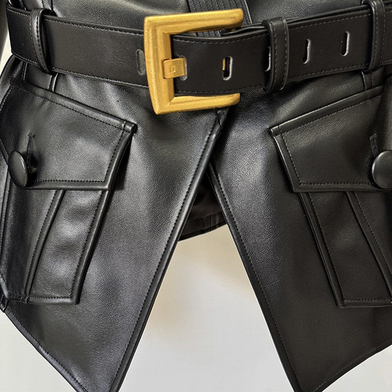 Black Faux Leather Belted Flap Pocket Jacket