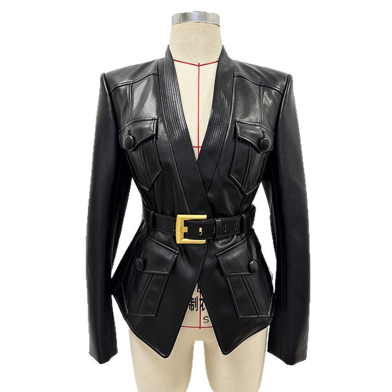 Black Faux Leather Belted Flap Pocket Jacket