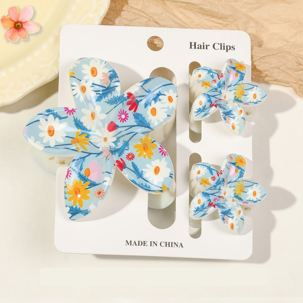 Floral Print Flower Hair Claw Clip Set - Color_30