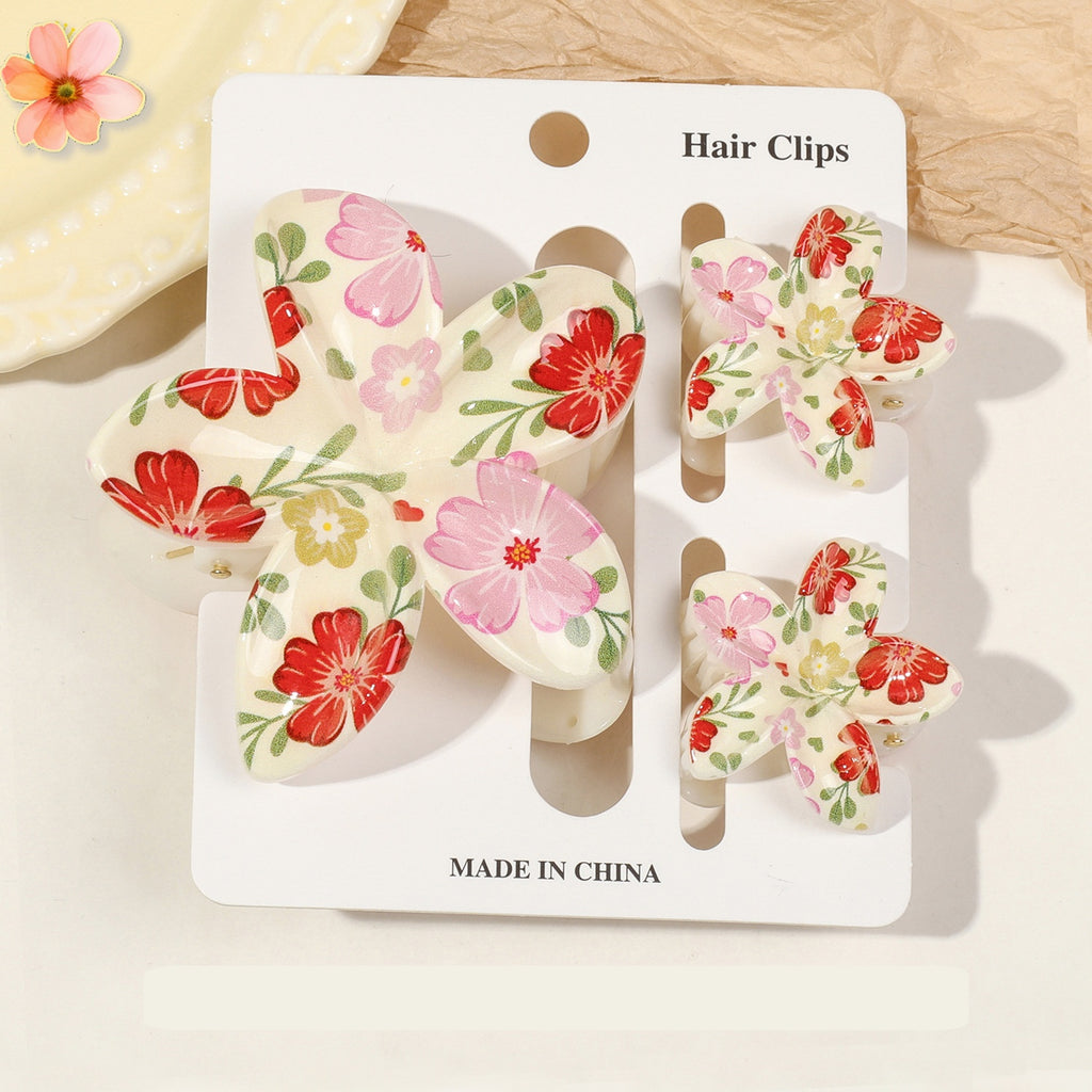 Floral Print Flower Hair Claw Clip Set - Color_34