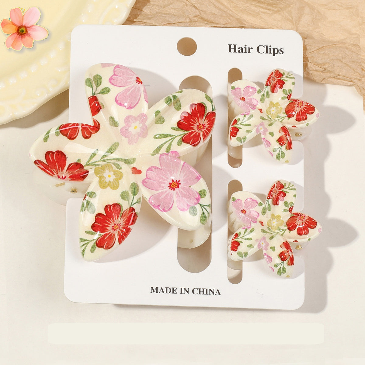 Floral Print Flower Hair Claw Clip Set - Color_34