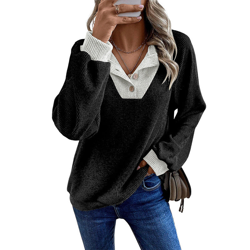 Button Placket Waffle Knit Pullover Top - Black