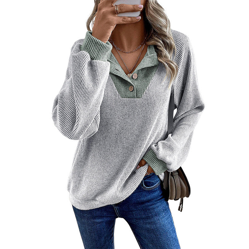 Button Placket Waffle Knit Pullover Top - Gray