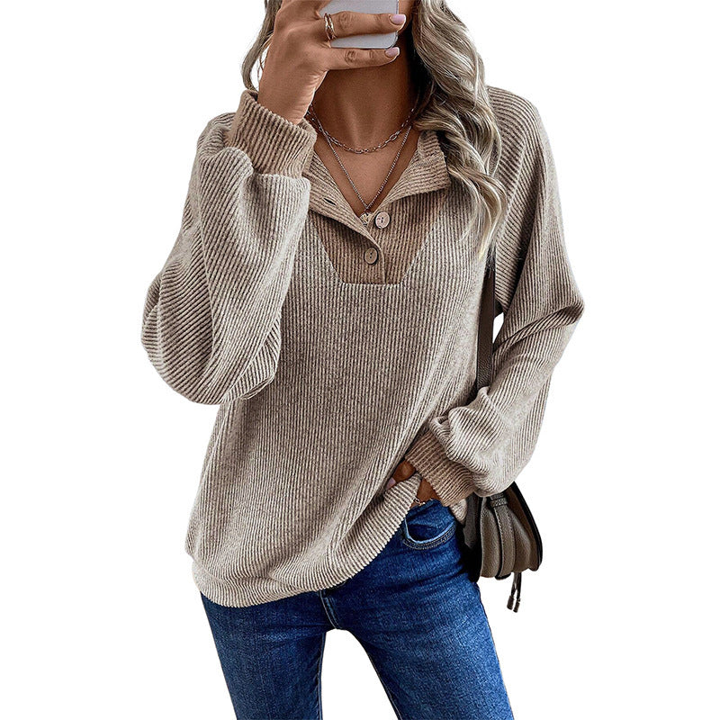 Button Placket Waffle Knit Pullover Top - Khaki