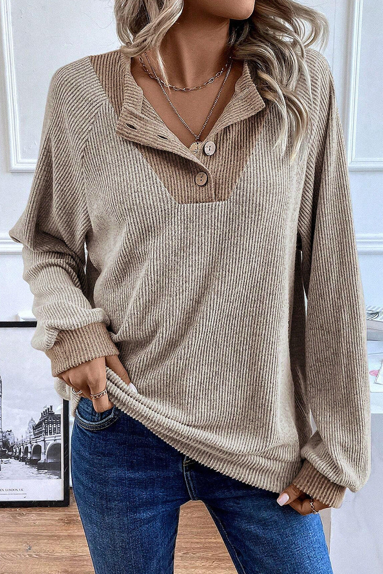 Button Placket Waffle Knit Pullover Top