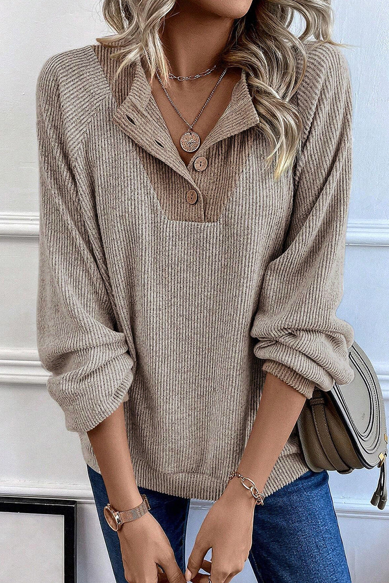Button Placket Waffle Knit Pullover Top - view 2
