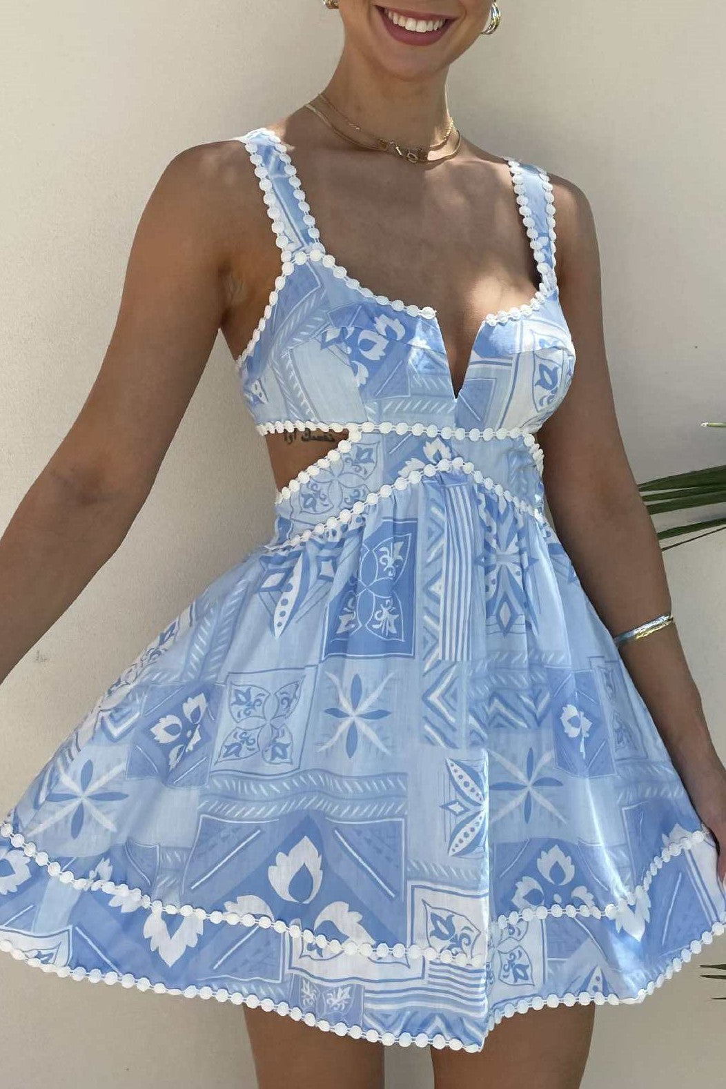 Pom Trim Cutout Waist Mini Dress - blue