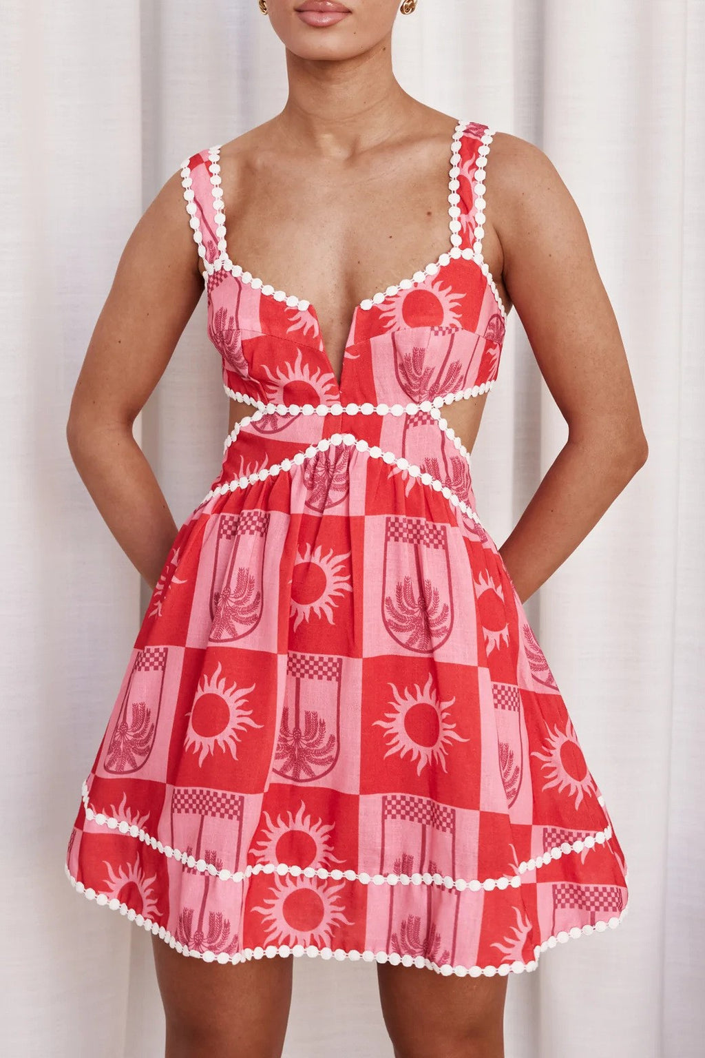 Pom Trim Cutout Waist Mini Dress - red