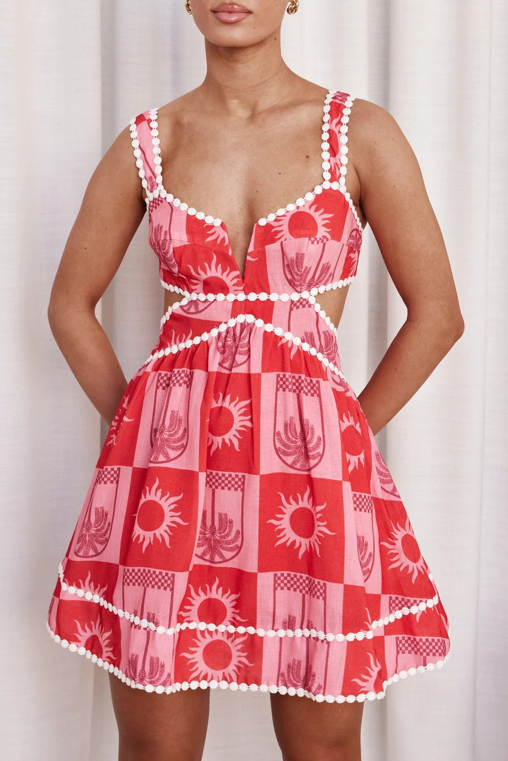 Pom Trim Cutout Waist Mini Dress - red - 2