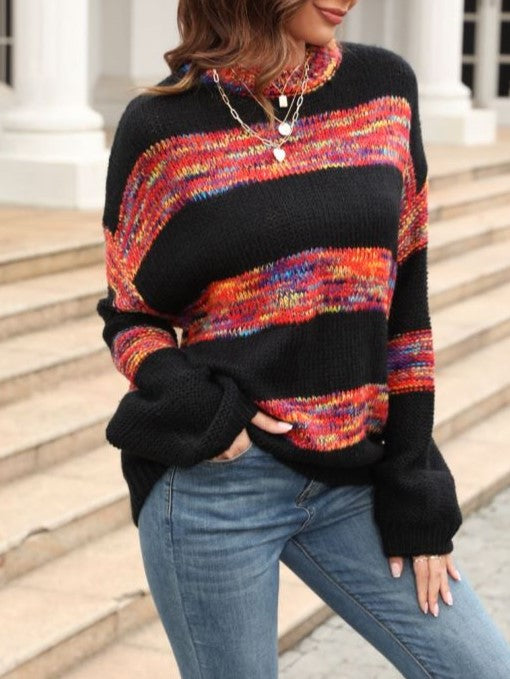 Marled Stripe Drop Shoulder Crewneck Sweater - Black - 1