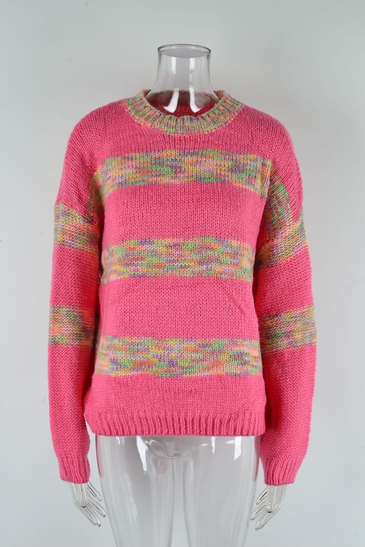 Marled Stripe Drop Shoulder Crewneck Sweater - Rosered - 1