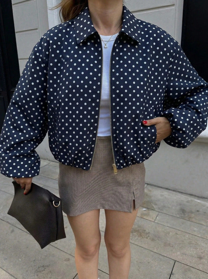 Cropped Collared Jacket With Polka Dot Print - Navy - 1