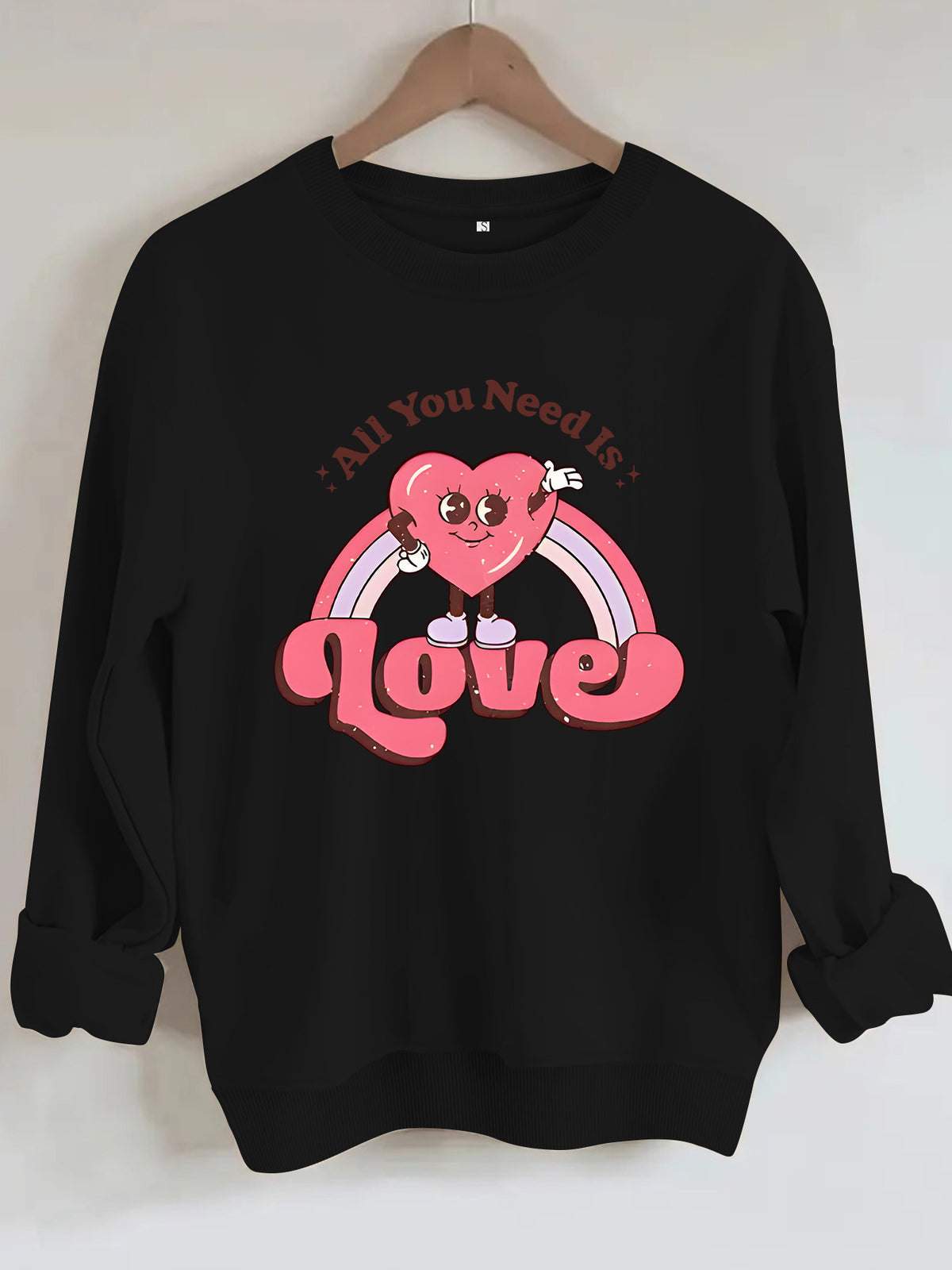 Retro Love Rainbow Heart Graphic Sweatshirt - Black