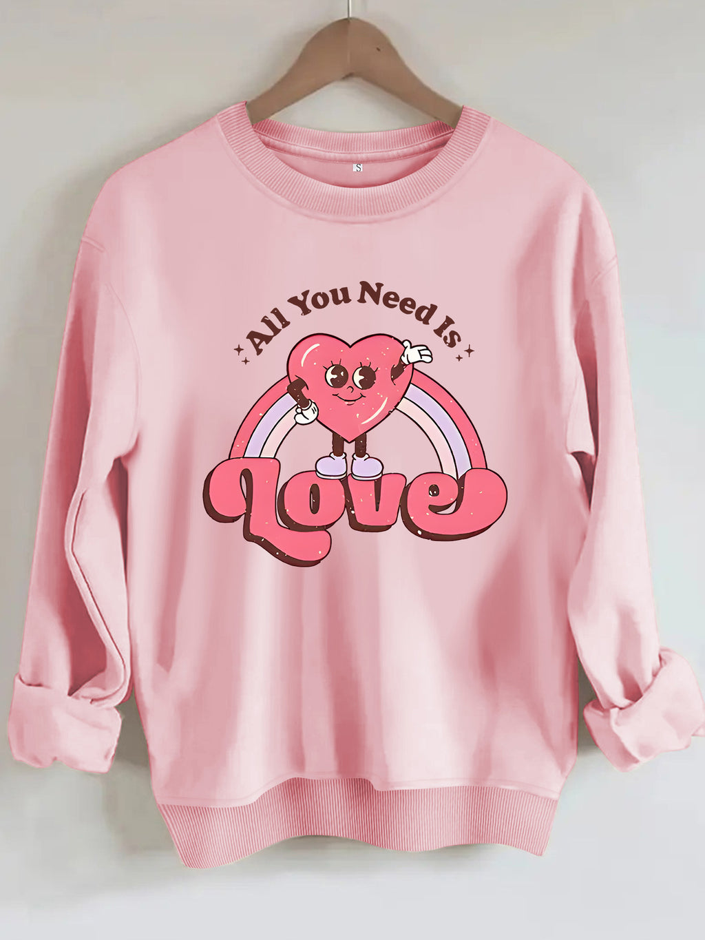 Retro Love Rainbow Heart Graphic Sweatshirt - Pink