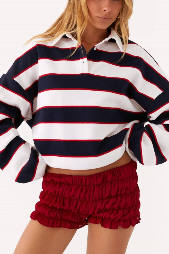 Rugby Stripe Collared Cropped Tee - Dark - 1