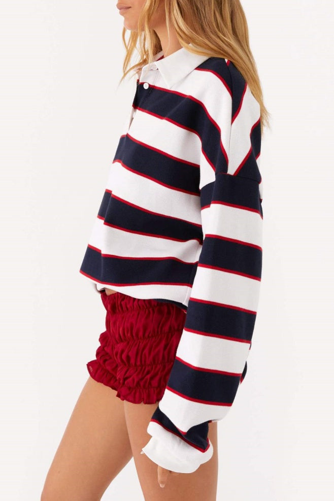 Rugby Stripe Collared Cropped Tee - Dark - 3