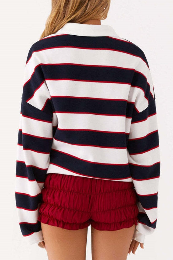 Rugby Stripe Collared Cropped Tee - Dark - 4