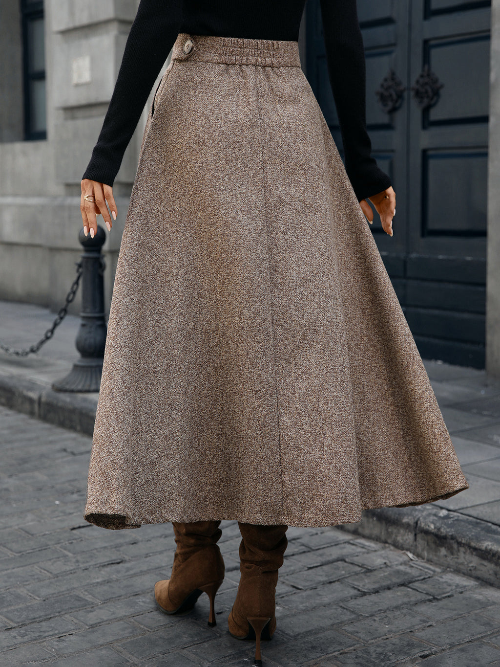 Flecked Tweed Midi Skirt With Pockets - Brown - 1