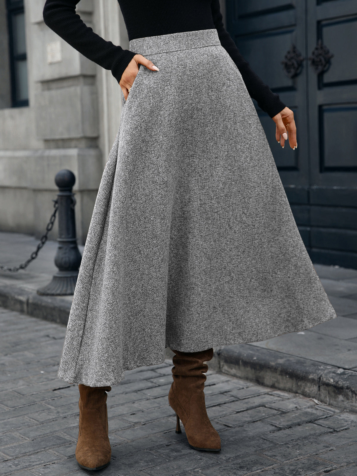 Flecked Tweed Midi Skirt With Pockets - Grey