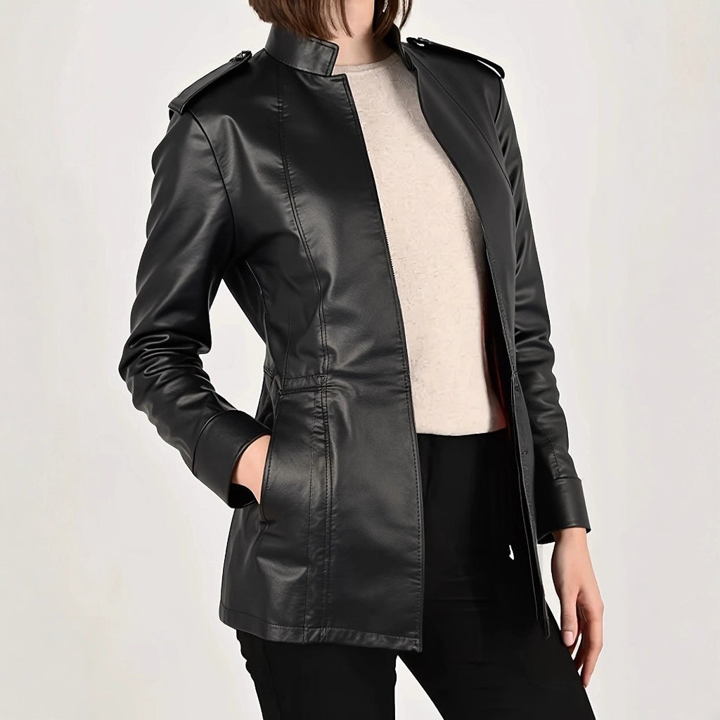 Black Faux Leather Stand Collar Fitted Jacket