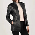 Black Faux Leather Stand Collar Fitted Jacket