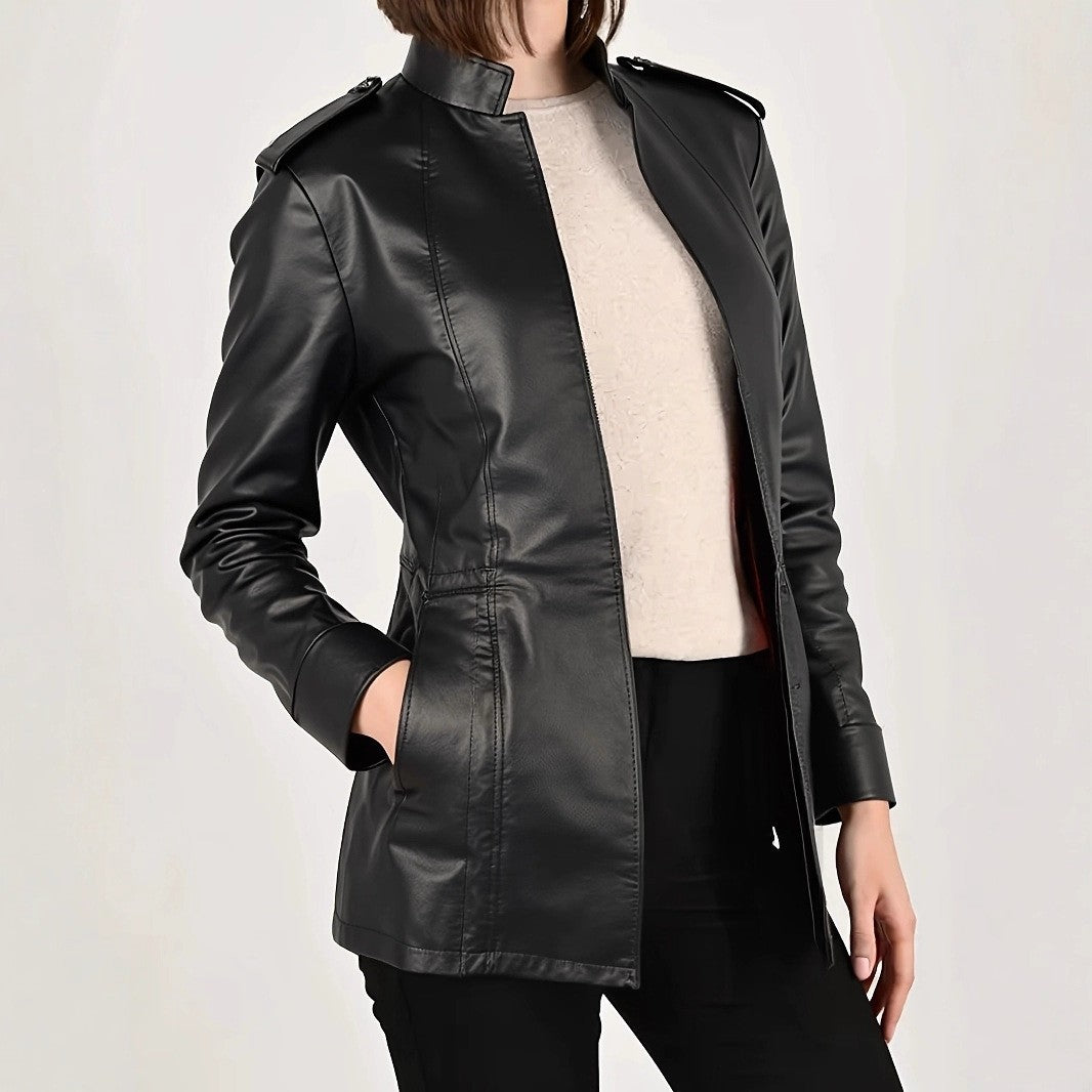 Black Faux Leather Stand Collar Fitted Jacket