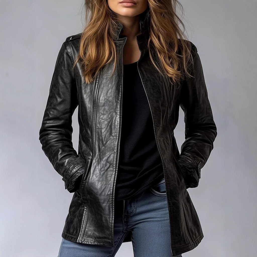 Black Faux Leather Stand Collar Fitted Jacket