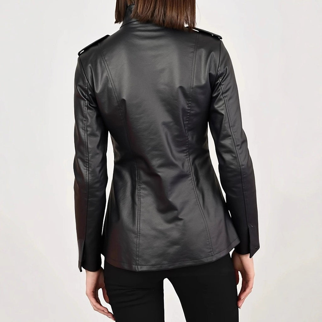 Black Faux Leather Stand Collar Fitted Jacket