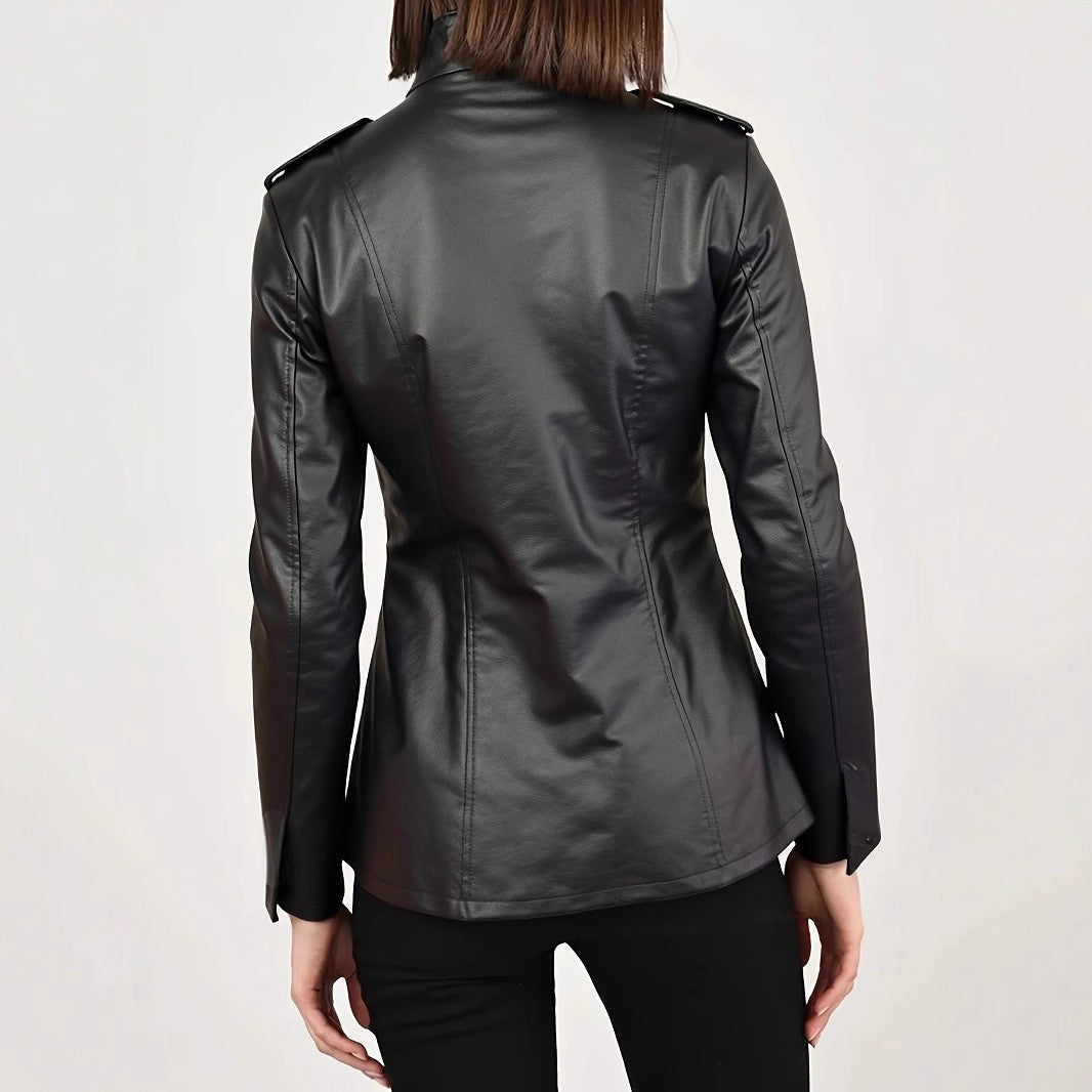 Black Faux Leather Stand Collar Fitted Jacket