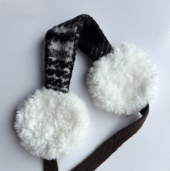 Tweed Band Fluffy Earmuffs With Ties - Black
