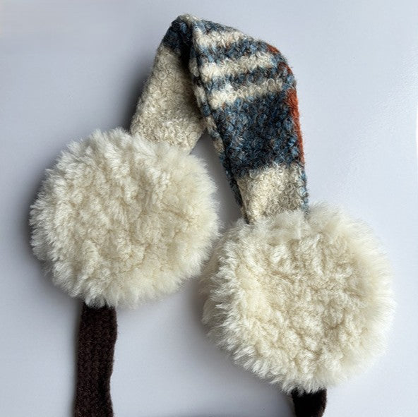Tweed Band Fluffy Earmuffs With Ties - Blue