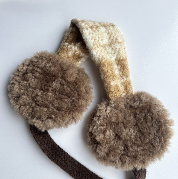 Tweed Band Fluffy Earmuffs With Ties - Brown