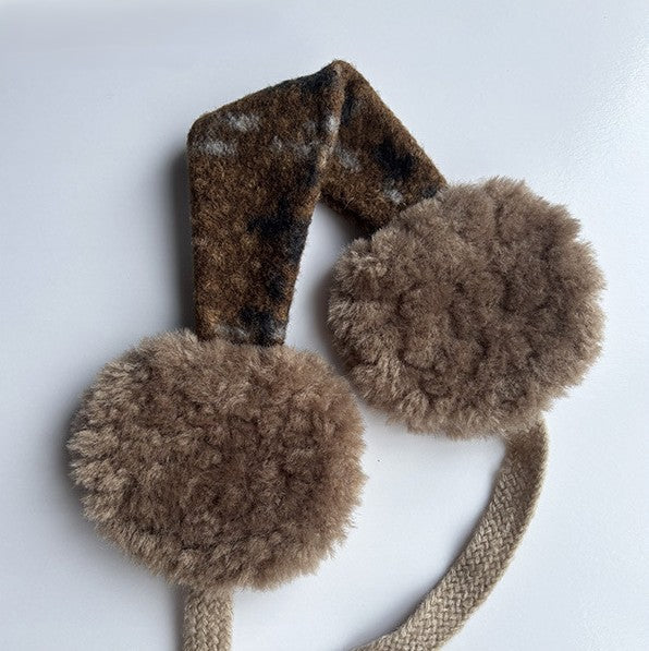 Tweed Band Fluffy Earmuffs With Ties - Coffee