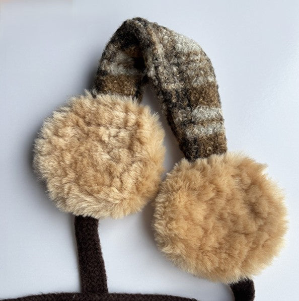 Tweed Band Fluffy Earmuffs With Ties - Khaki