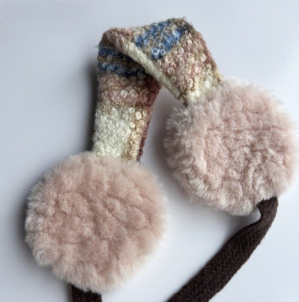 Tweed Band Fluffy Earmuffs With Ties - Pink