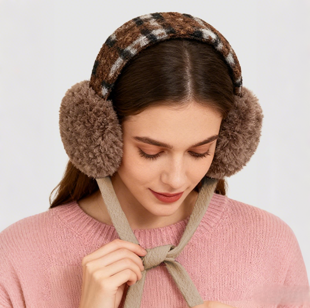 Tweed Band Fluffy Earmuffs With Ties - view 1