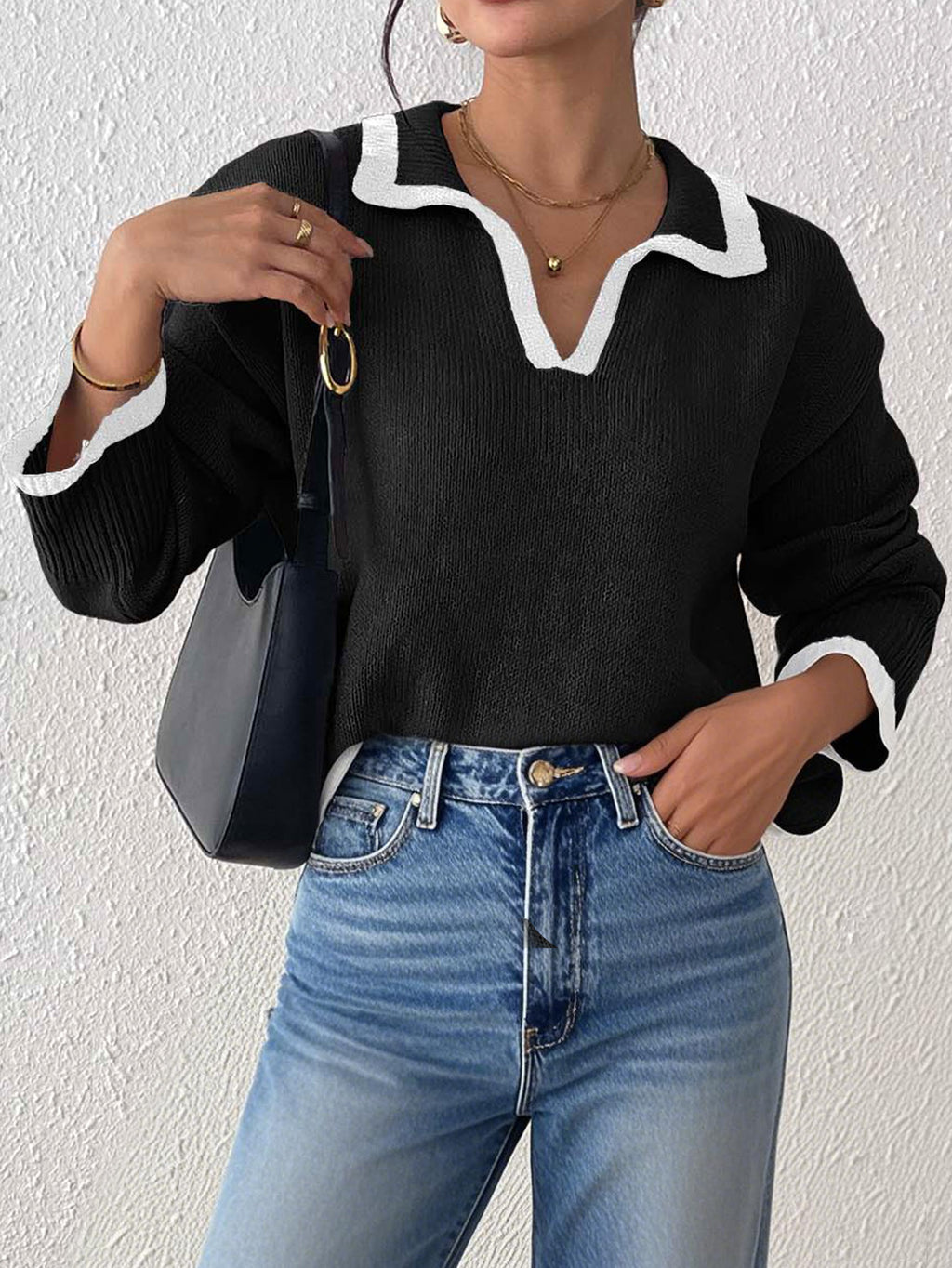 Contrast Trim Polo Collar Knit Sweater - Black