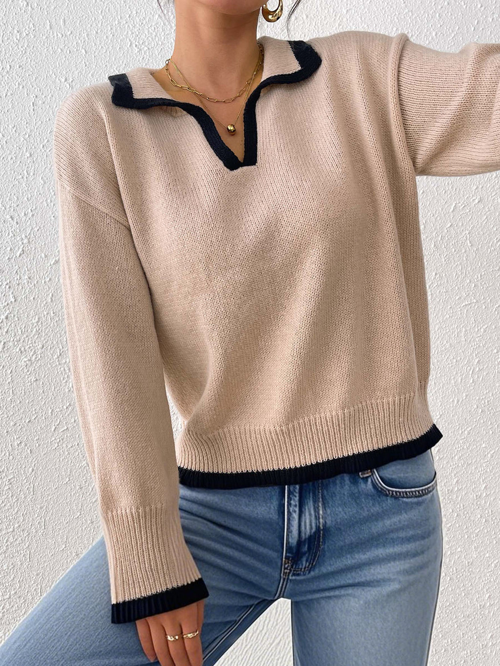 Contrast Trim Polo Collar Knit Sweater - Khaki