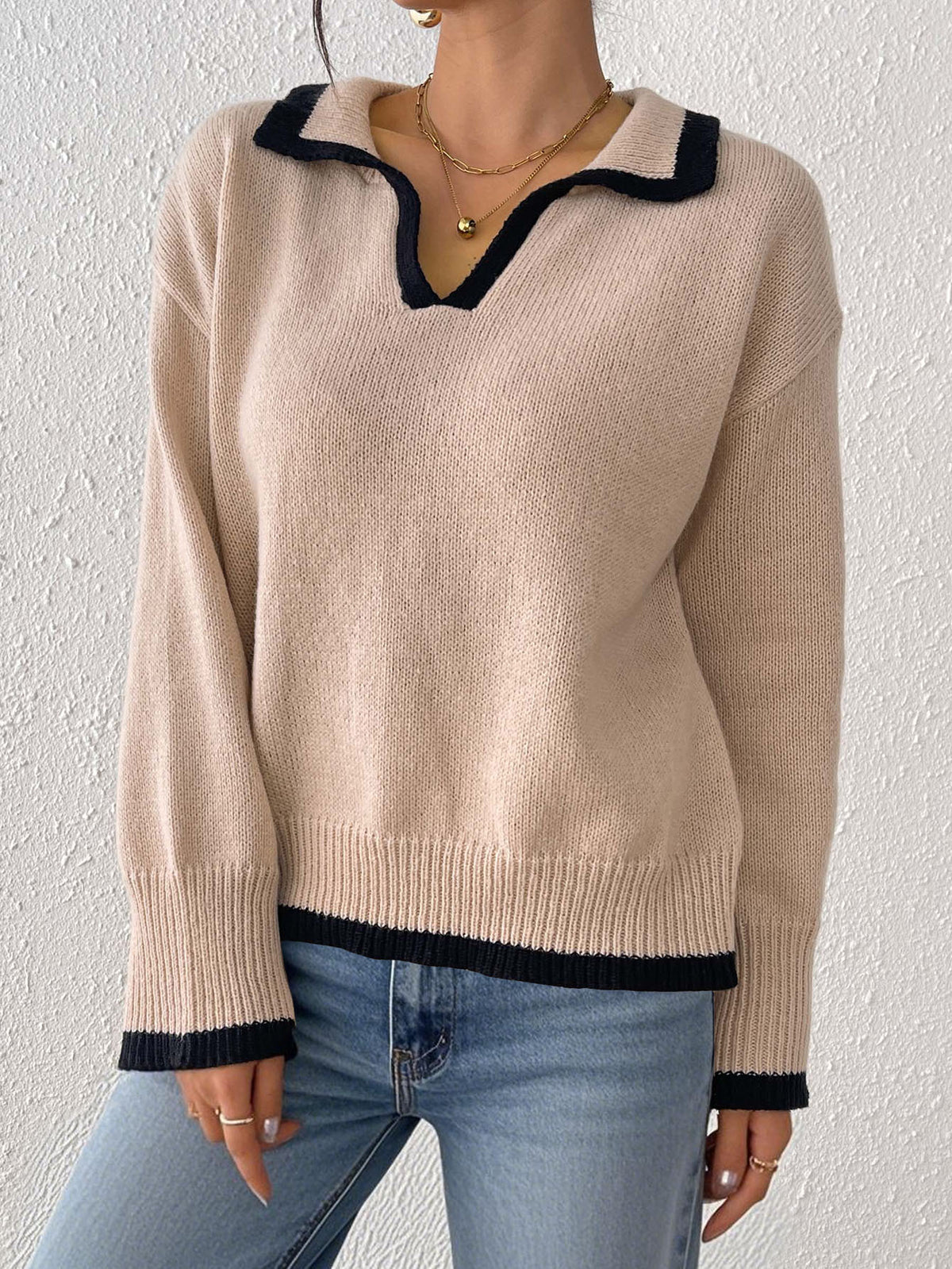 Contrast Trim Polo Collar Knit Sweater - Khaki - 1