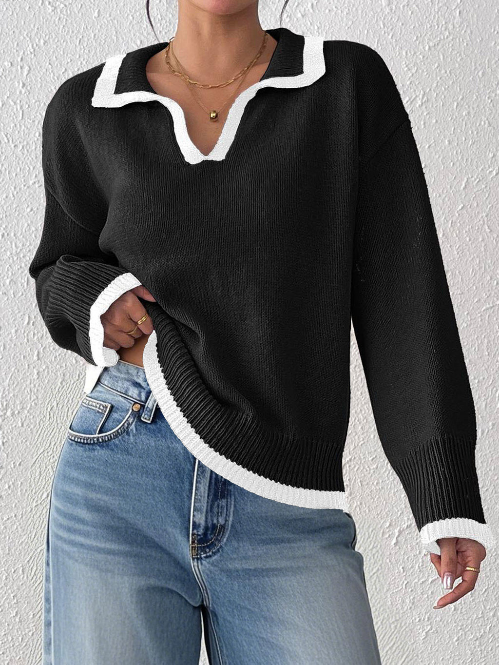 Contrast Trim Polo Collar Knit Sweater