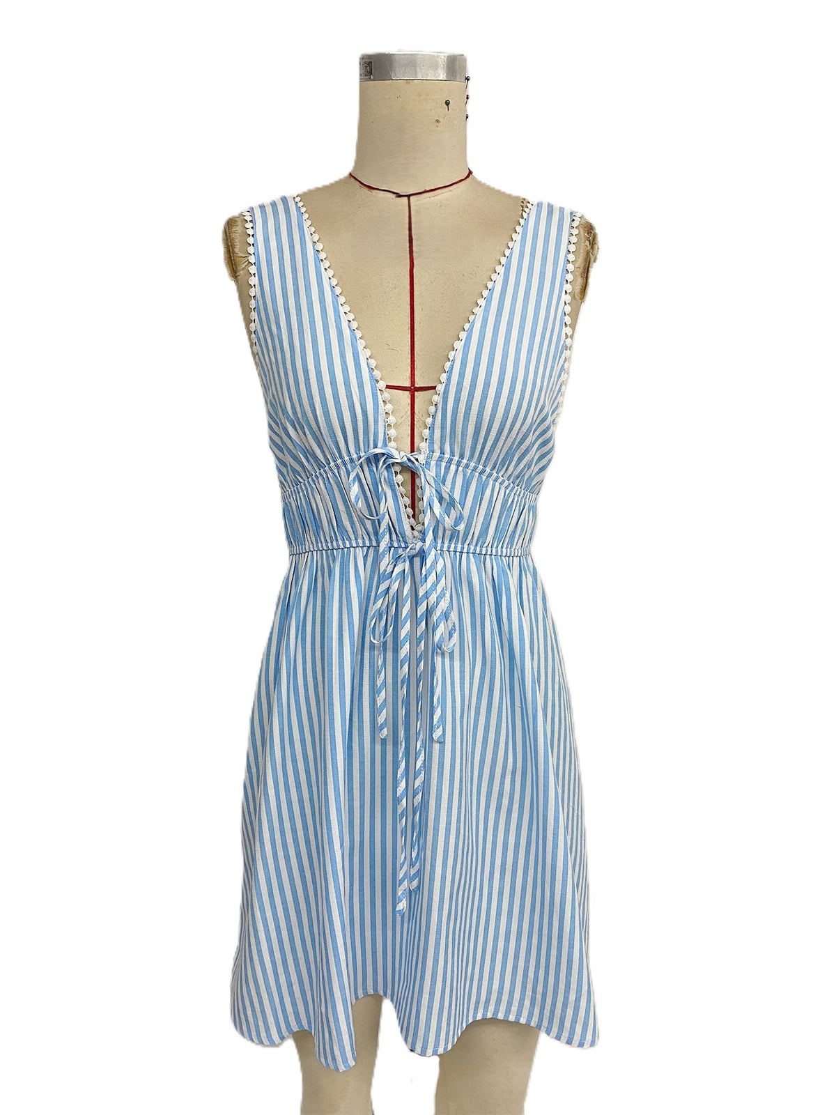 Striped Deep V Neck Tie Back Mini Dress - Blue